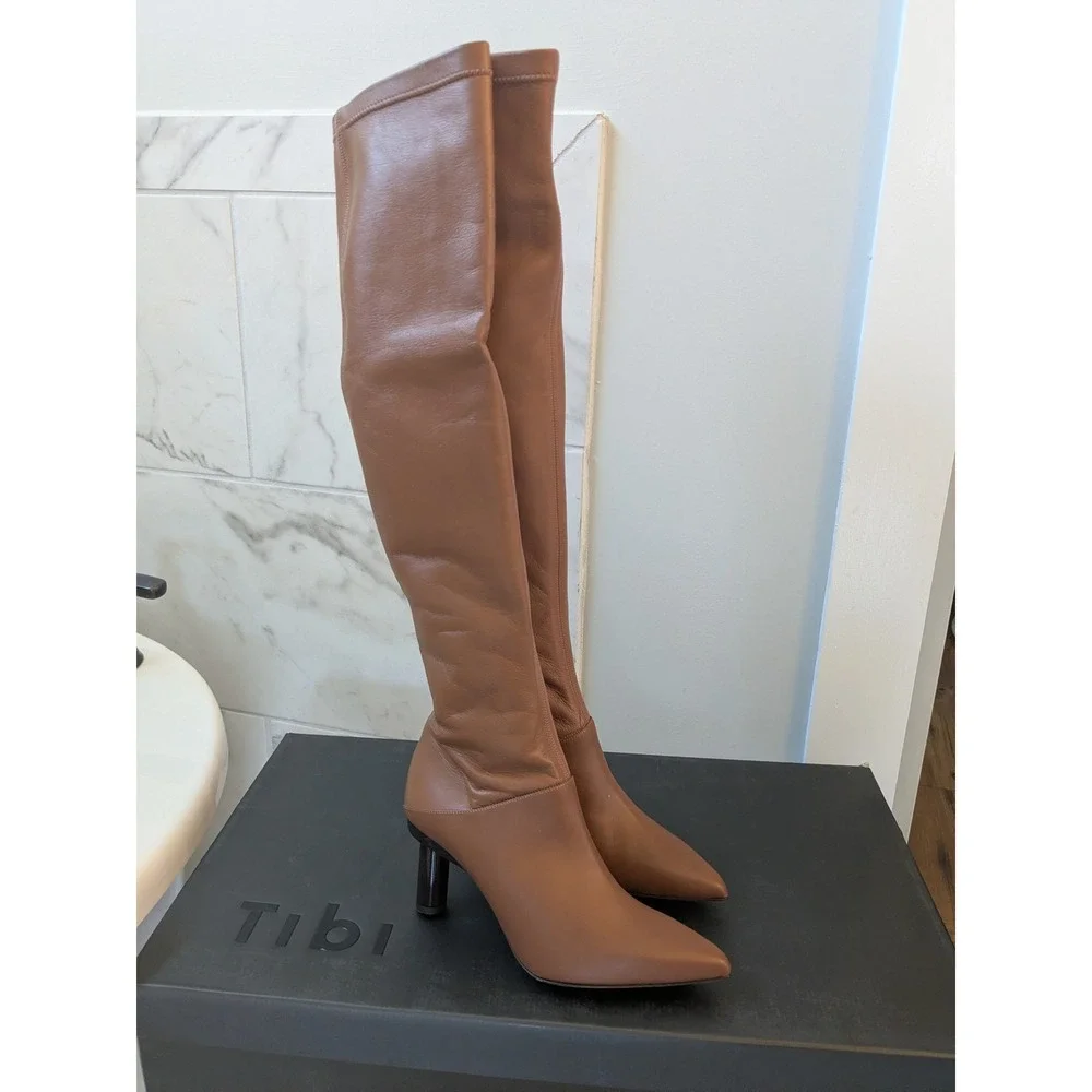 NIB Tibi‎ Caleb Calf Tan Leather Over The Knee Pointed Toe Boots  Size 36